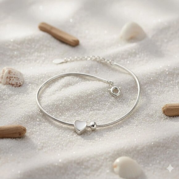 Sterling Silver Love Heart Bead Bracelet, Vintage Style - Picture 1 of 6